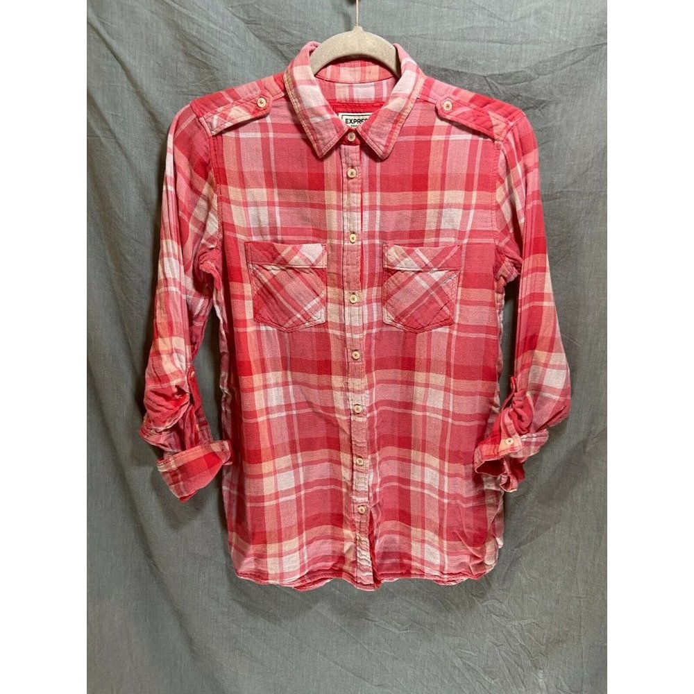 Express Shirt Women Small Red White‎ Plaid Long Sleeve Ladies.